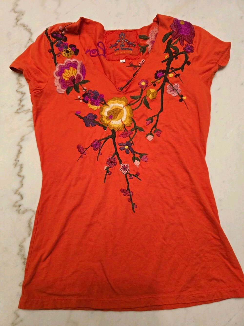 Johnny Was JWLA Orange Embroidered Floral V-Neck Cap Sleeve T-Shirt Size S